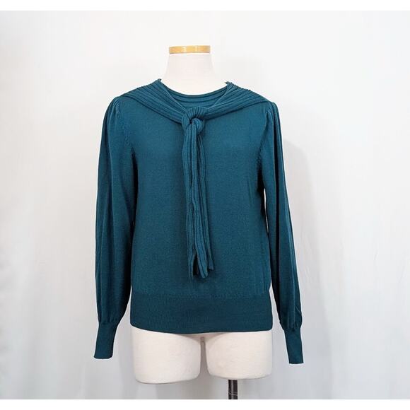 Vintage Sweaters - Vintage 80s Sweater Teal Green Scarf Tie Cotton Misses Size 9 S